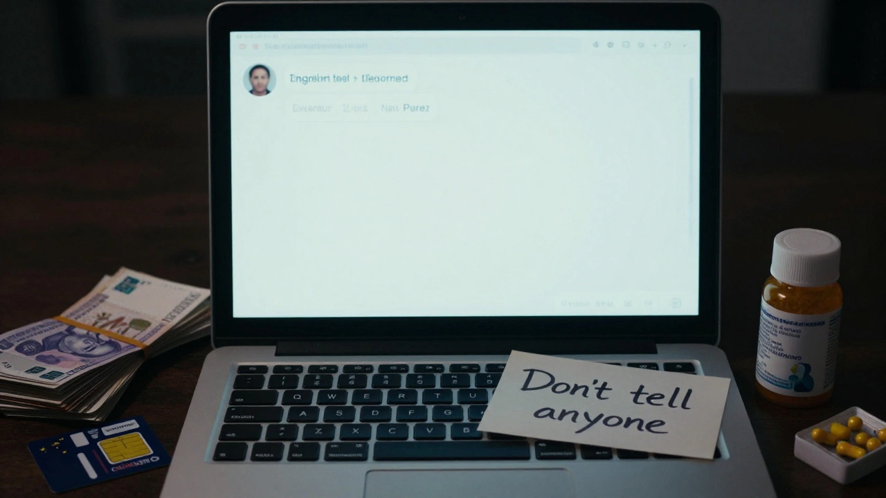 A laptop screen shows blurred Telegram messages, surrounded by cash, a SIM card, and a note saying &#039;Don&#039;t tell anyone&#039;.