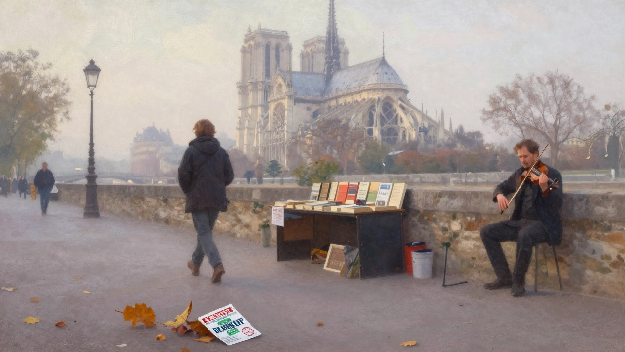 A misty Seine riverside with a discarded escort flyer among leaves, historic buildings in distance.