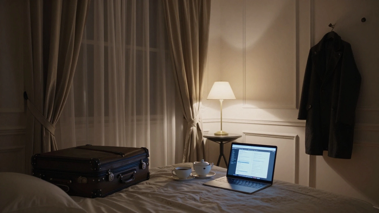 An empty Paris apartment with encrypted messages on a laptop and tea set arranged neatly.